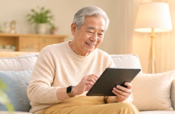 长者在家使用平板查看健康数据